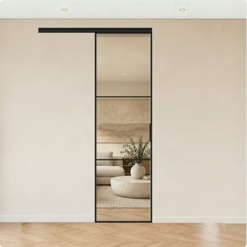 Вдоль стены · Одна створка, 1 трек · LOFT 2 · Чёрный · М1 прозрачное — перегородка Invisible Doors