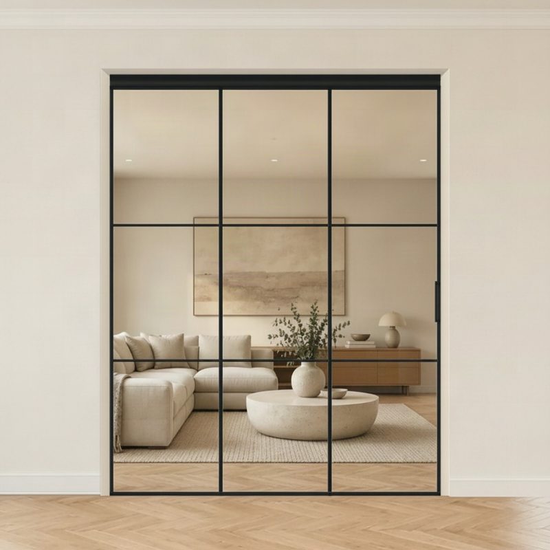 Каскадная · Каскад 2+1, 3 трека · LOFT 2 · Чёрный · М1 прозрачное — перегородка Invisible Doors