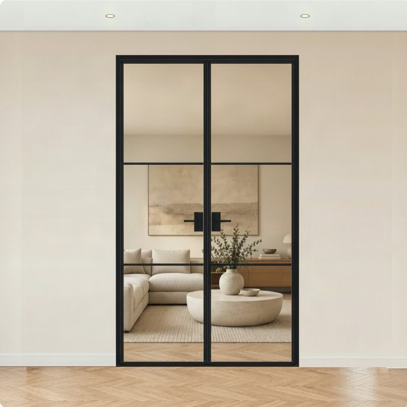Распашная · Две створки, видимый короб · LOFT 2 · Чёрный · М1 прозрачное — перегородка Invisible Doors