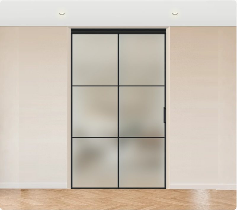 Внутри проёма · Две створки, 2 трека · LOFT 2 · Чёрный · М1 сатин — перегородка Invisible Doors